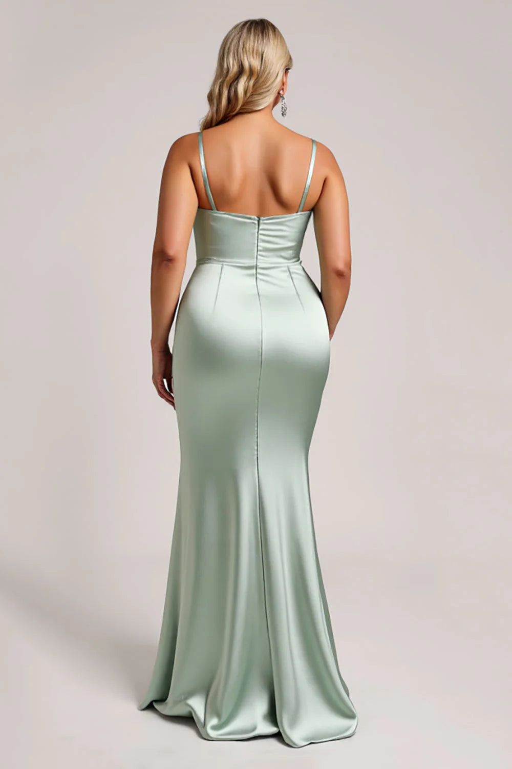 Sage Green Plus Size Satin Long Mermaid Bridesmaid Dress with Slit